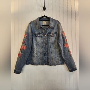Vintage 1990s Ruff Hewn Women's Floral Embroidered Distress Denim Jacket Size L